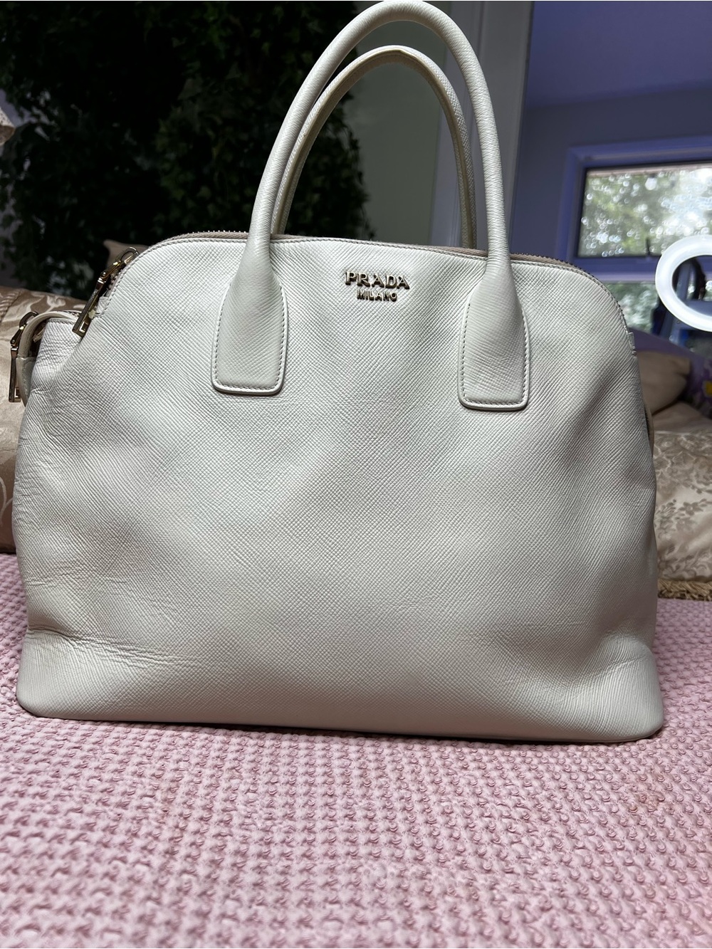 Prada Promenade Large Triple Zip White Saffiano Leather Tote